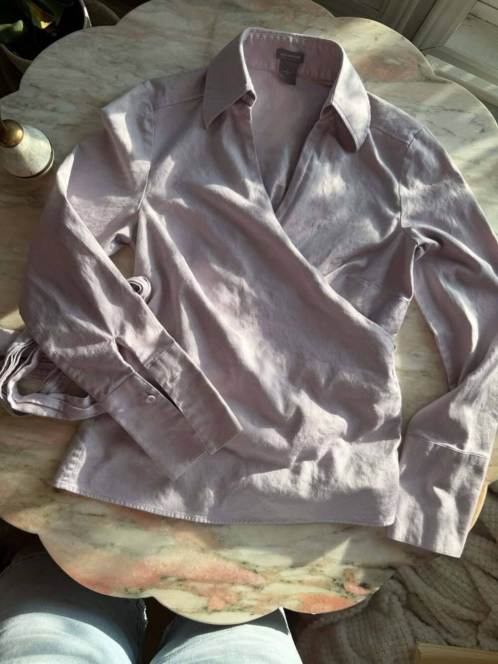 Ann Taylor Lilac Pinstripe Cotton Blend Wrap Blouse